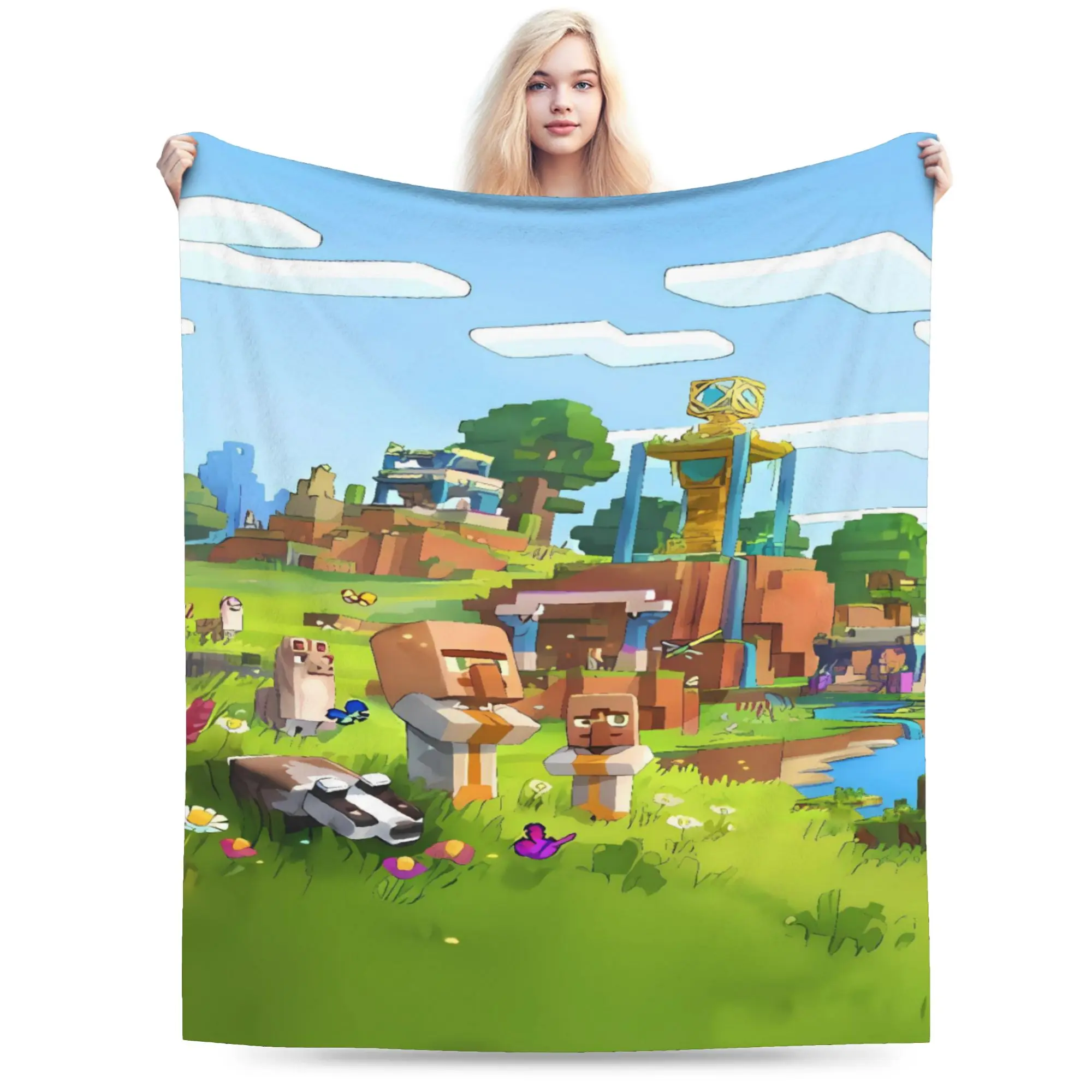 Game M-Minecrafts Flannel Blankets  Soft Throw Blanket for Bedroom Airplane Travel Novelty Bedspread Sofa Bed Cover