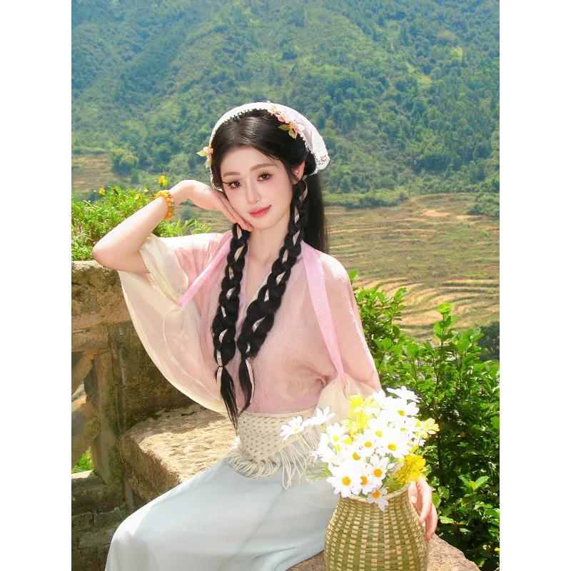Sweet Pink Rural Ancient Costume Adult Slim Fit Wide Sleeve Pastoral Outfit
