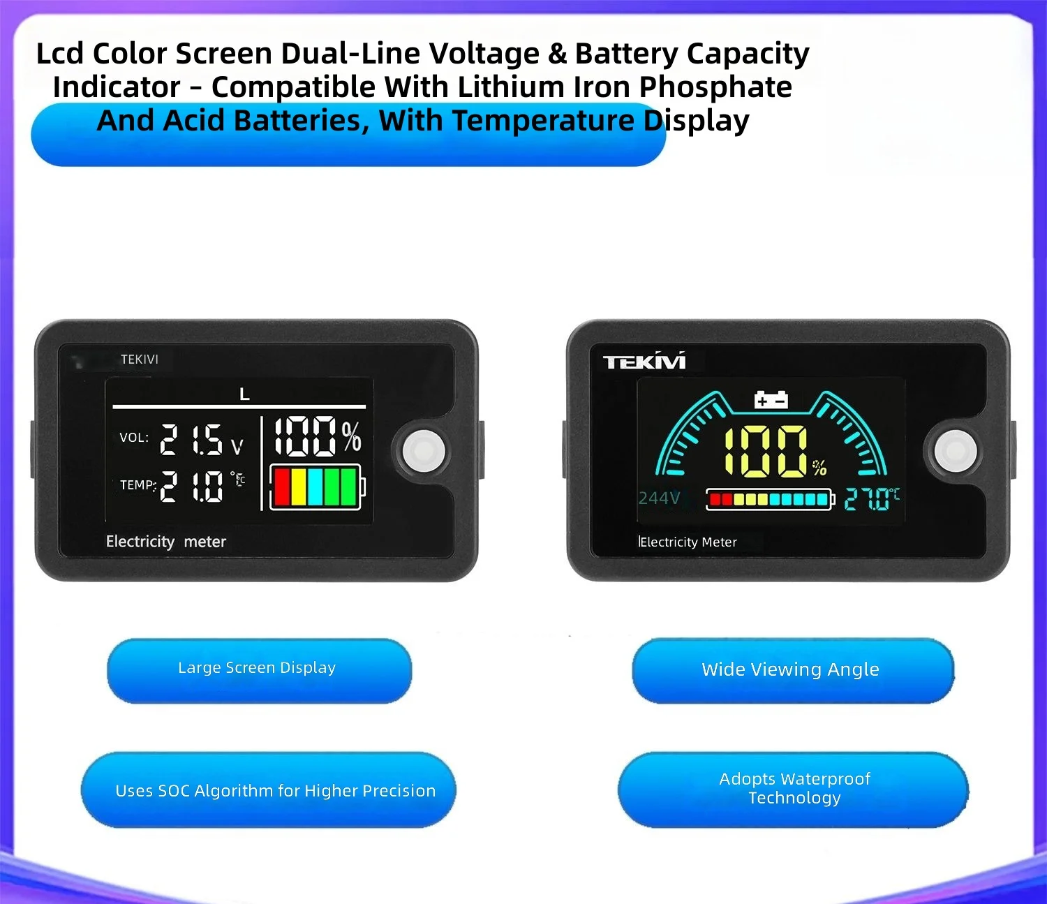 DC8-100V color screen two-wire voltage and quantity indicator ternary iron lithium universal with temperature display