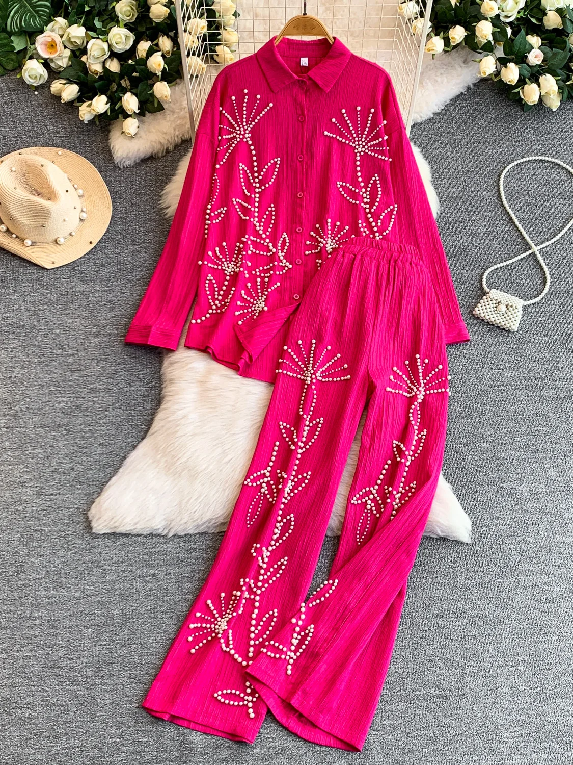 Elegant Heavy Embellished Collar Shirt And High Waist Wide Leg Pants Two Piece Set Fashionable Casual Outfit for Women