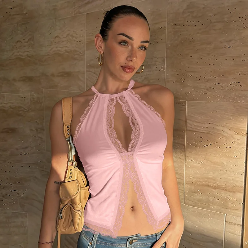 Summer New Style Sexy Lace Strap Vest Women's Slim Fit Integrated Chest Pad Versatile Bandage Neck Hanging Street Style Top