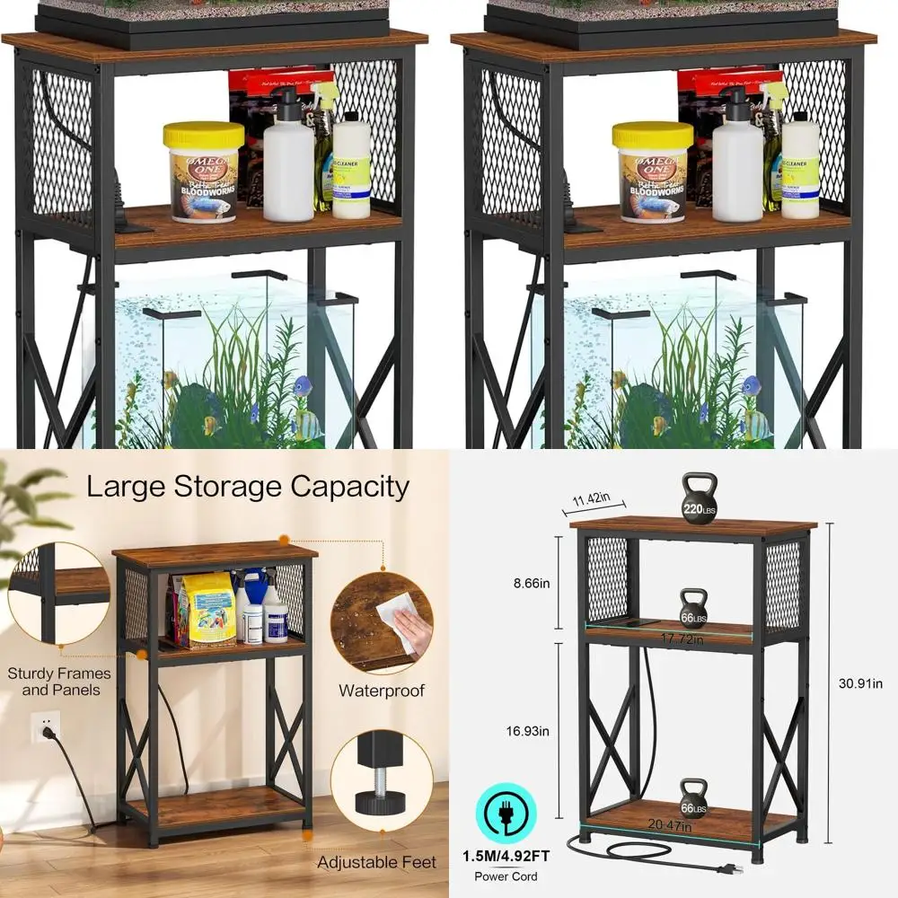 

Коричневая 3-х уровневая металлическая подставка в деревенском стиле для аквариумов на 10 галлонов с хранилищем и розетками