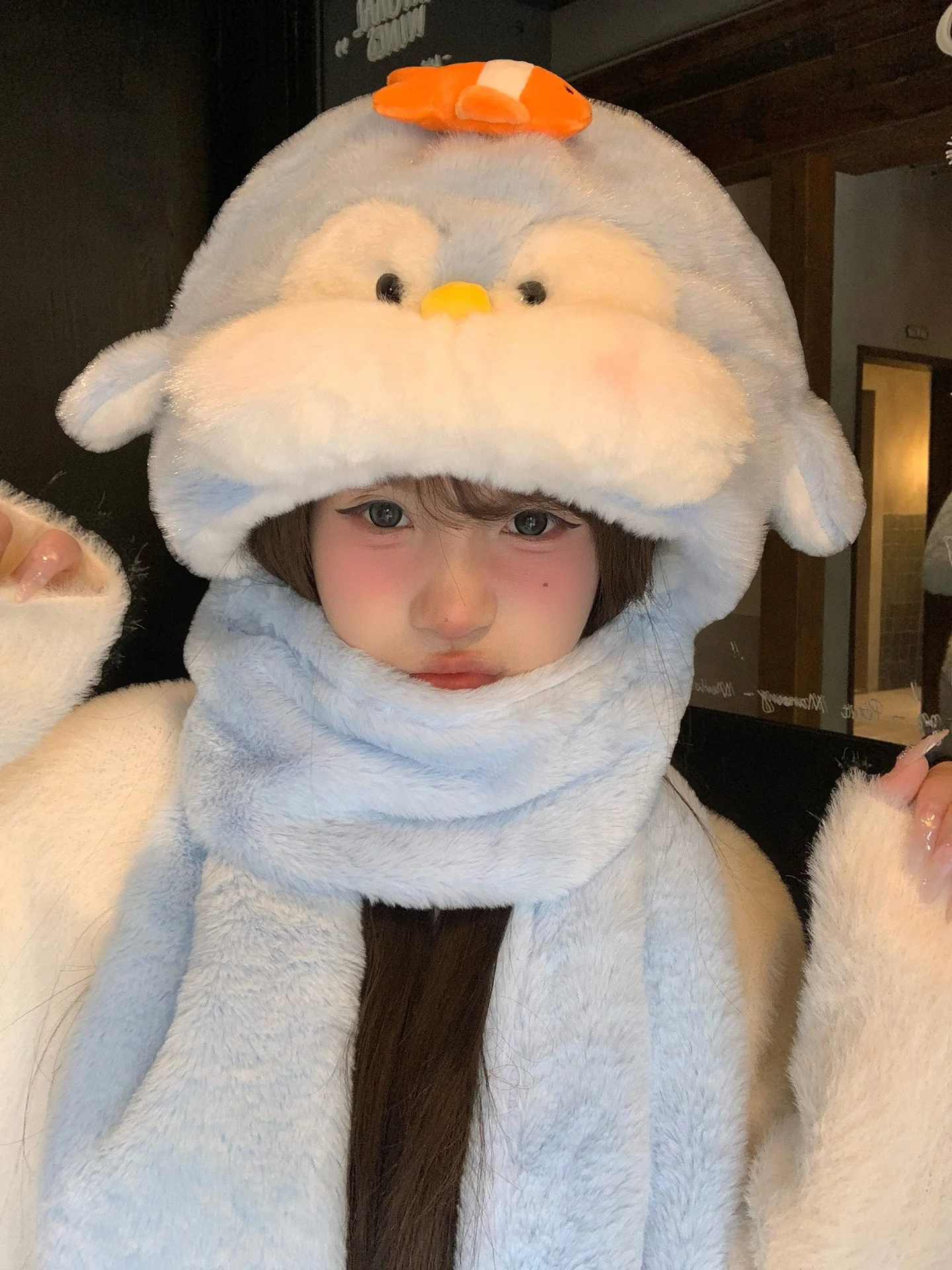 Cute Cartoon Penguin Hat Scarf Gloves Set Women's Winter Warm Three-piece Suit Blue Fluffy Lei Feng Cap Non-adjustable Large ...