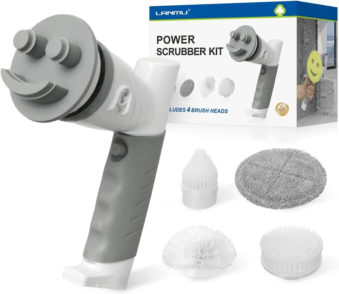 Electric Spin Scrubber Wand with 5 Replaceable Heads, Soft Silicone Sponge, Ergonomic Handle for Oven, Sink, Shower, Tile