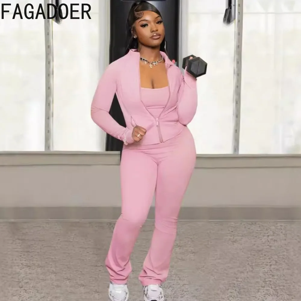 FAGADOER Casual Sporty Two Piece Sets Tracksuits Women Zip Jacket + Strap Jumpsuits and Autumn Winter Jogger Fitness Streetwear