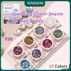 Bene-15 색 스파클링 글리터 스팽글 젤 네일 폴리시 UV LED 캣아이 바니시 매니큐어 래커 6ml, 소크 오프 캣아이 바니시 네일아트 매니큐어