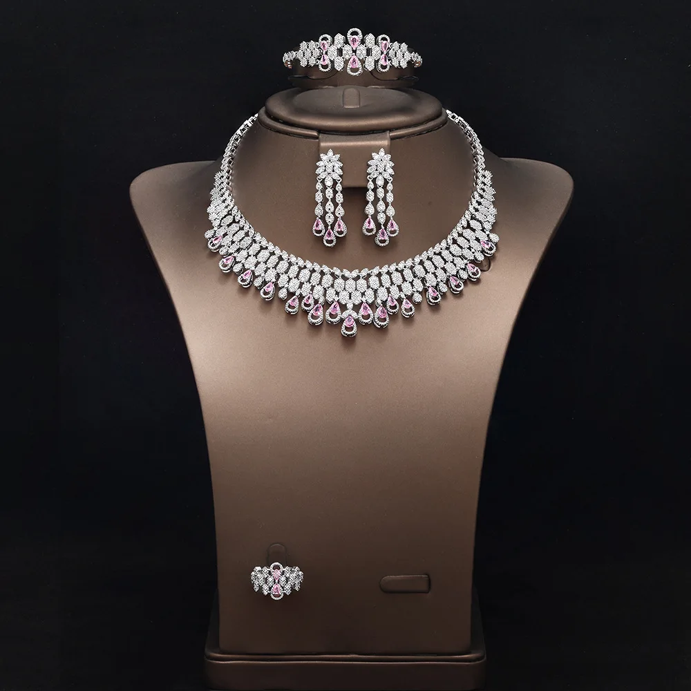 4Pcs Cubic Zirconia CZ Bridal Jewelry Sets For Women Luxury Saudi Dubai Necklace Earring Set Party Wedding Bride Necklace Set