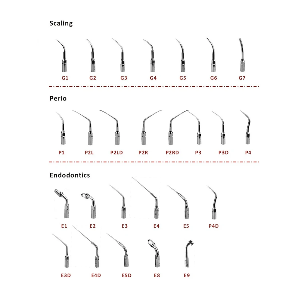 

5pcs Dental Ultrasonic Scaler Tips Scaling Periodontics Endodontics Scaler Tip G1 G2 G3 P1 P3 For EMS Woodpecker Scalers