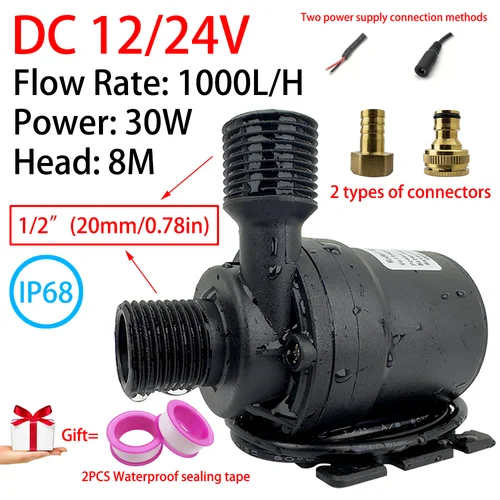 Bomba de agua con motor sin escobillas DC12V, DC24V 1000L/H, bomba sumergible de 8M de cabezal de 1/2 "", calentador de agua de fuente, bomba de refuerzo de ducha, IP68