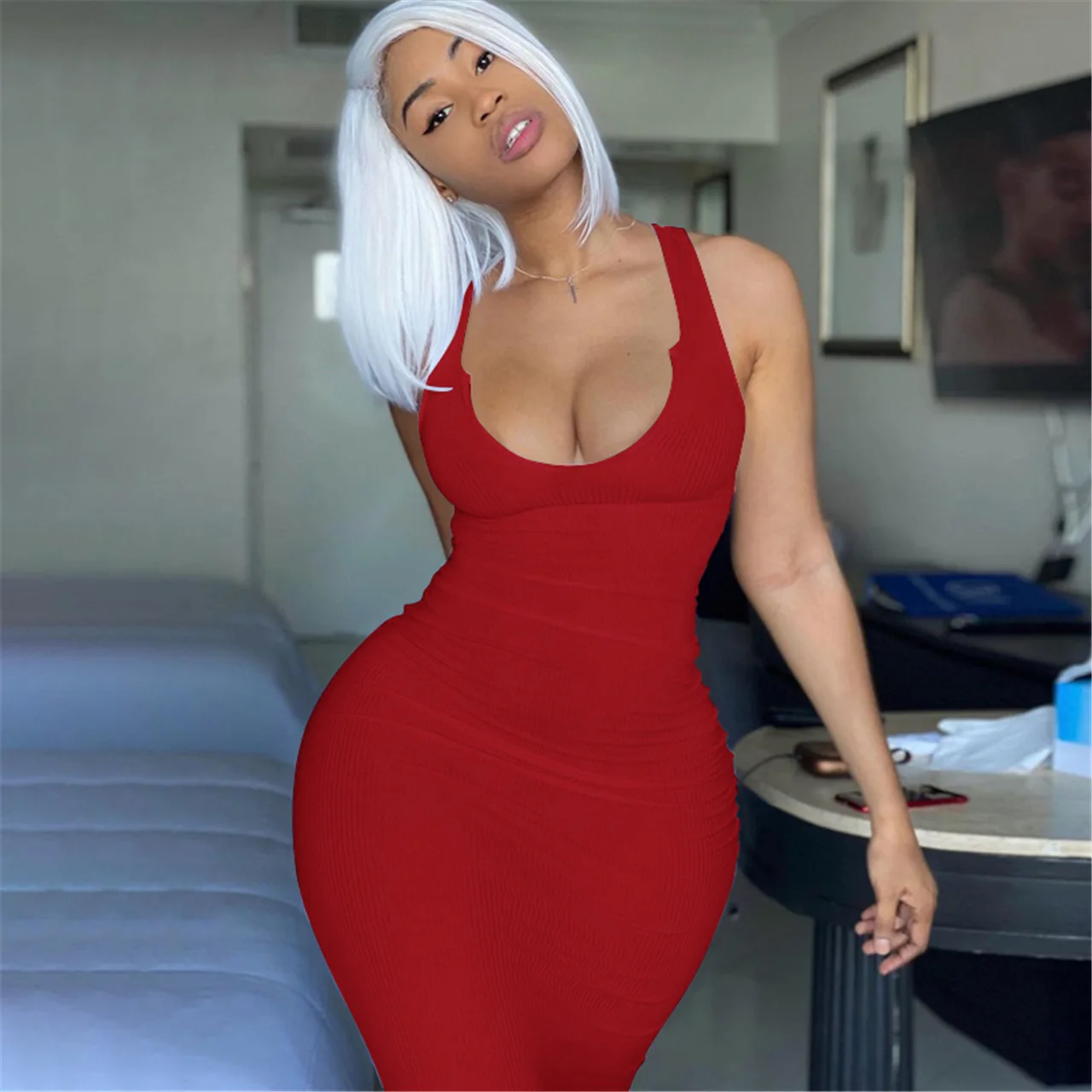 Y2K Frauen Sommer Ärmellose Tiefem V-ausschnitt Kleid Sexy Abend Party Solide Strick Lange Schlanke Leibchen Dresse Weibliche Vestidos Roben
