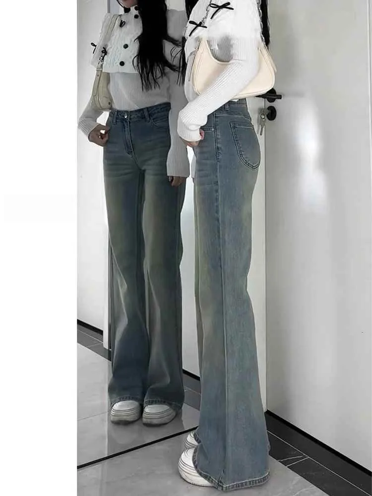 ريترو الأزرق Fce اصطف Thiened مايكرو متوهج الجينز المرأة الخريف الشتاء حجم كبير التخسيس عالية الخصر مطاطا سليم صالح الجينز #5