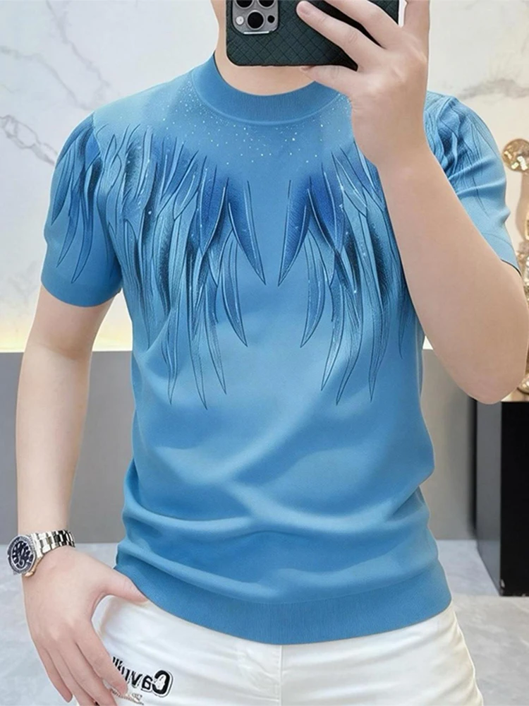 

Men's Fashionable Summer T-shirt with Hotfix Rhinestones Knitted Slim Fit Short Sleeve Overhead Casual Comfortable Breathable