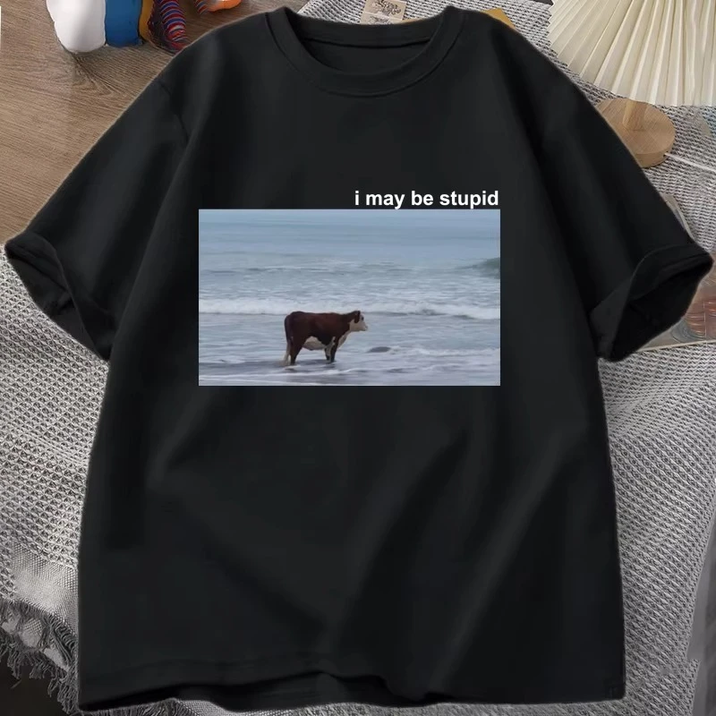 I May Be Stupid Cow on Beach Funny Meme T Shirt Cotton Short Sleeve Women Fashion O-Neck T-shirt Casual Cozy Cotton T Shirts