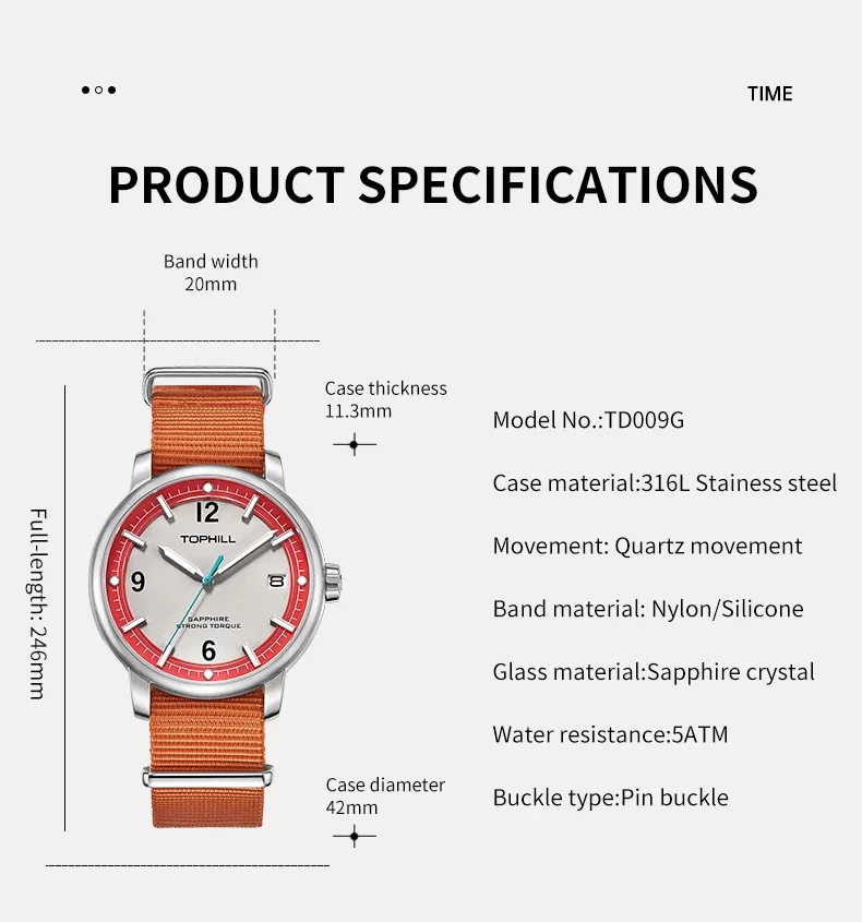 TOPHILL Luxury Mens Watch Sapphire Mirror Waterproof Date Business Wristwatch Style Watch For Men 42mm Stainless steel Reloj