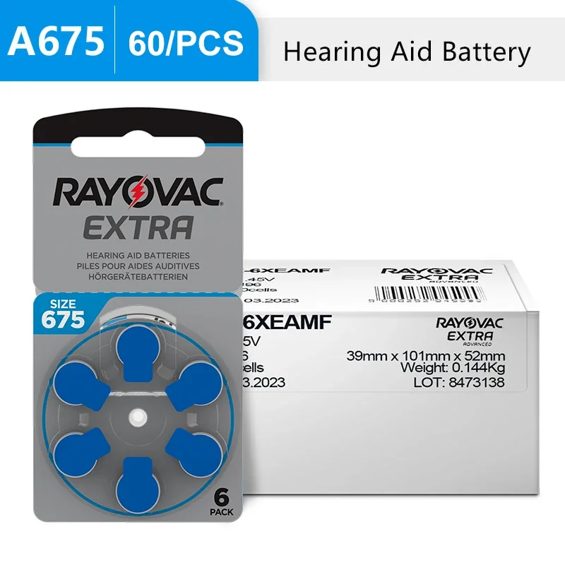 Zinc Air Button Battery Size 675 A675 PR44 DA675 E675 60Pcs Replacement Cells for Digital Hearing Aid Ear Devices Pack