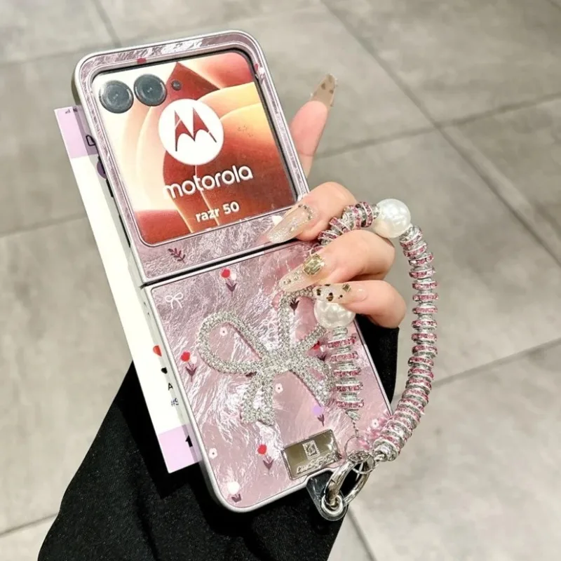 

For Motorola Moto Razr 50 60 Ultra Pretty Cherry Pattern Glitter Bow Phone Case Bracelet Protective PC Hard Shell Back Cover