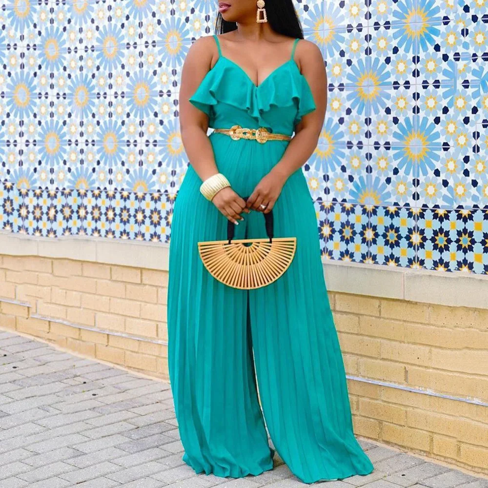 

Jumpsuits and Rompers Wlid Leg Pants Chiffon Women Large Solid High Waisted Pleated V Neck Elegant Evening Night Party Jumpsuits