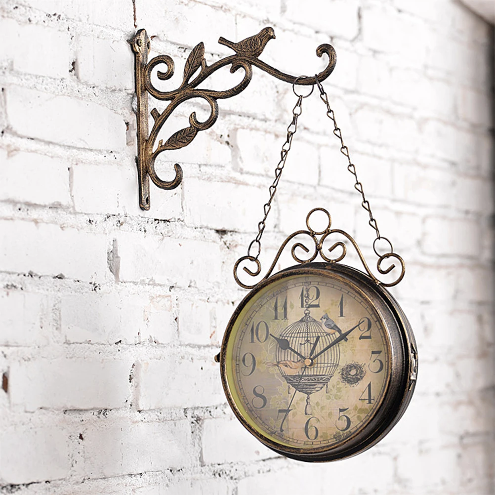 Iron Double Sided Wall Clock with Scroll Wall Mount Wrought Bird Ornament Railway Train Station Style Vintage Metal Cuccu watch