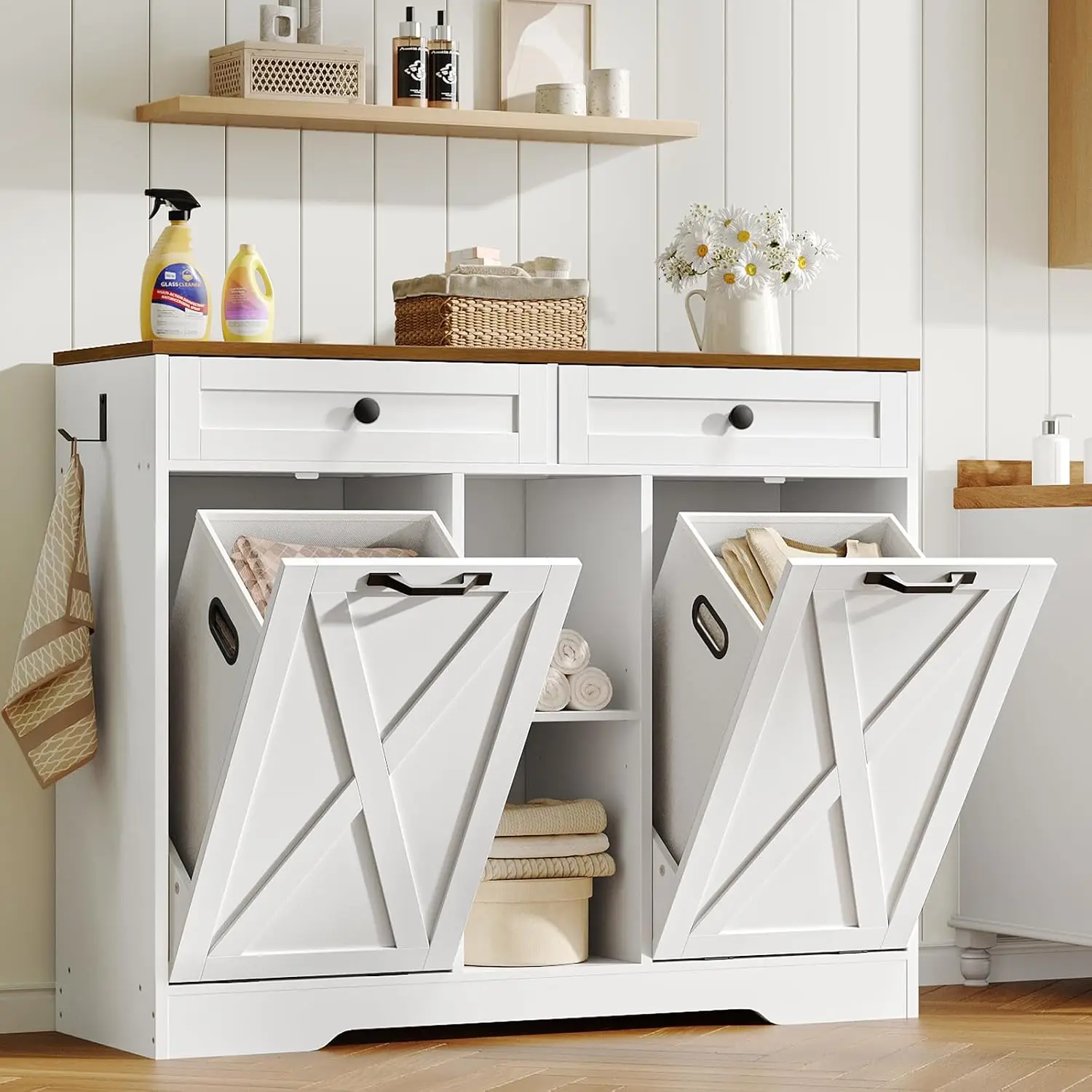 Double Tilt Out Laundry Hamper Cabinet, 23 Gallon Farmhouse Trash Can Cabinet with 2 Drawers and Open Shelving,Customized