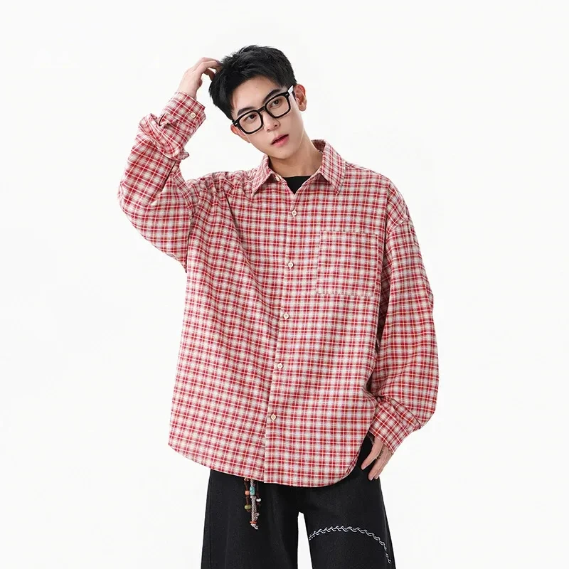 

Red Plaid Printting Men's Long Sleeve Shirt American Style Casual Fashion 2026 New Single Breasted Blouse Tops