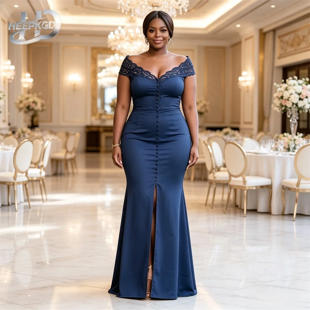 Vestidos de dama de honor africanos de talla grande, color azul marino, estilo sirena, con hombros descubiertos, corsé en la espalda, encaje y satén, vestidos de invitada de boda para mujer, baratos