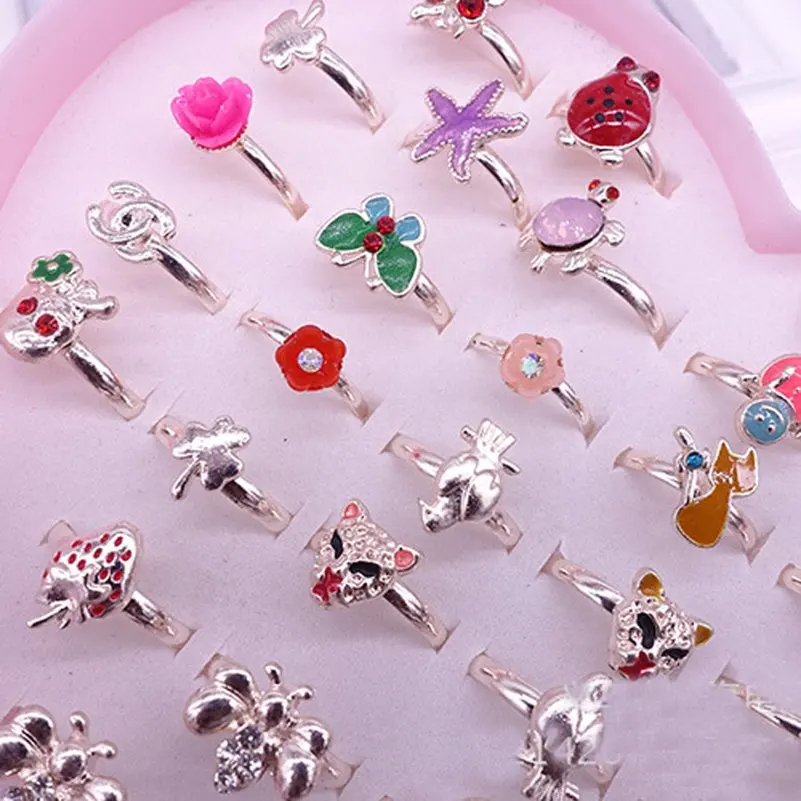 Wholesale 10pcs/lot Mix Styles Cute Children Rings Butterfly Plant Animal Alloy Ring Finger Jewelry Rings Kid Girls Toys No Box