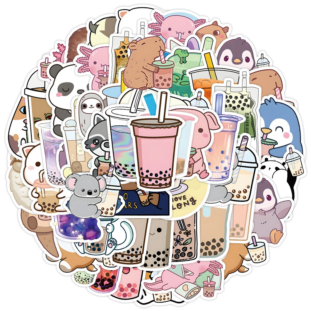 10/30/50pcs Kawaii Animal Pearl Milk Tea Stickers Cute Cartoon Kids Decals Toy DIY Fridge Scrapbook Phone Graffiti Sticker Decor