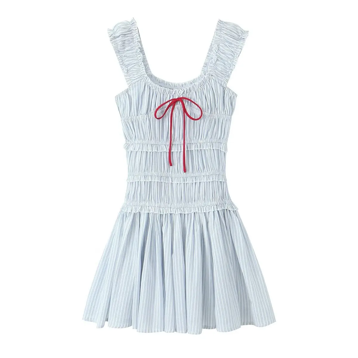 

Sweet Women Dress French Style Wrinkled Striped Mini Dress Sexy Off Shoulder Sleeveless Lady Summer New Holiday Striped Dresses