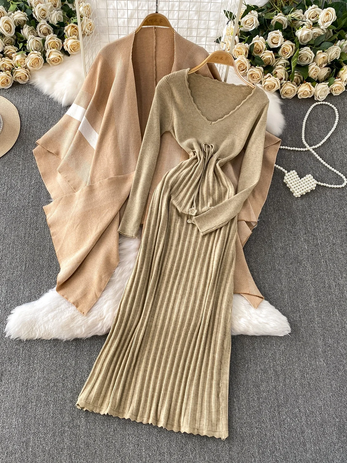 

Ele Knitted Set Dr Women's Loose oulder awl Outerwear Dstring Waist Slimming Pleated Dr Faionable Ensemble
