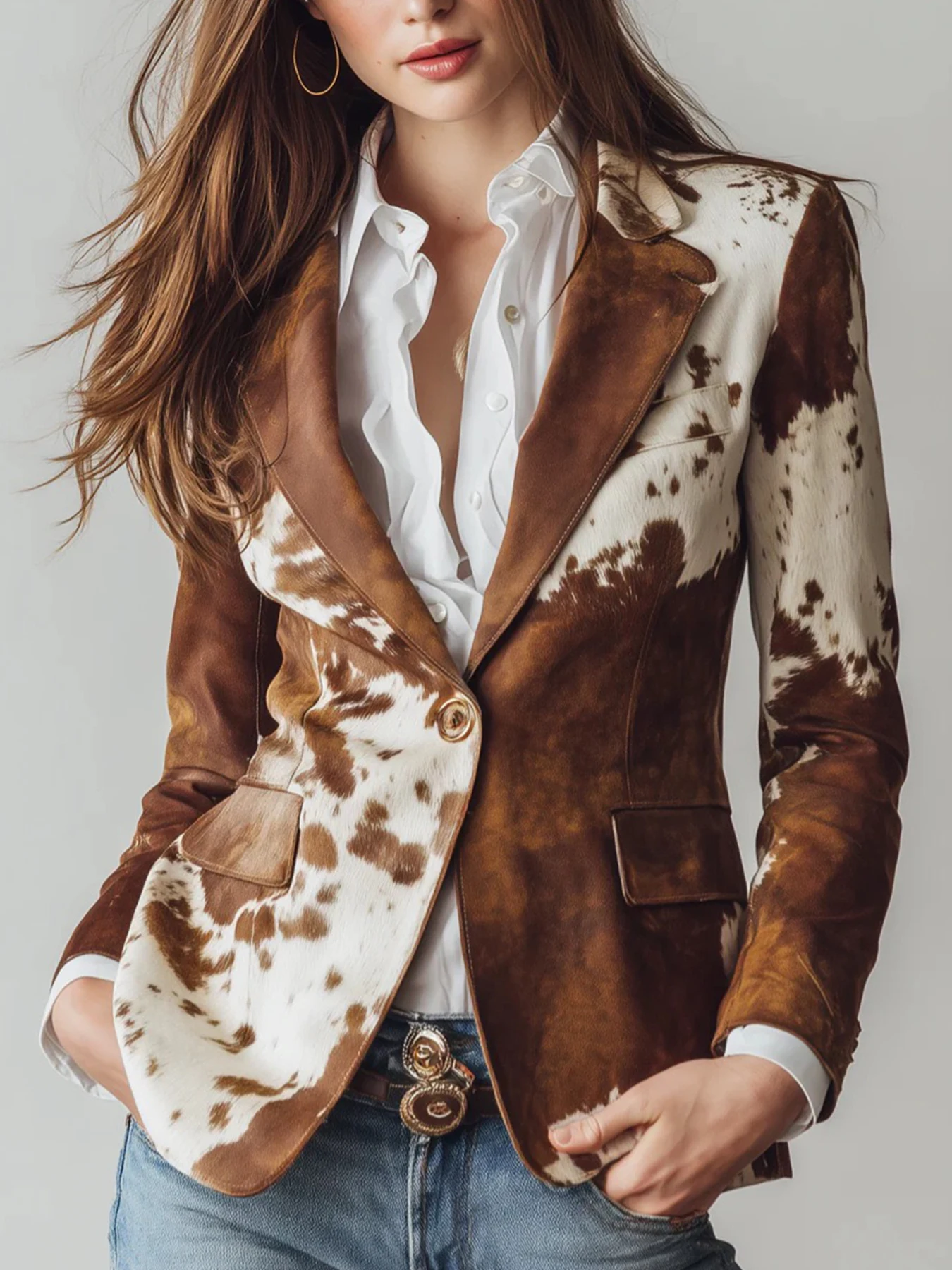New Women's Long-Sleeved, Single-Breasted Jacket With A Unique Printed Design And Lapel Collar. Slim Fit, Machine Washable.