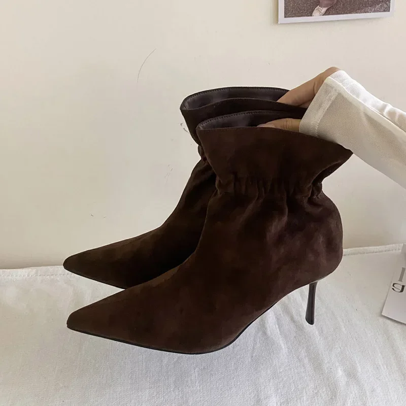 Aneikeh موضة التجاعيد حذاء من الجلد نمط الشارع رقيقة عالية الكعب امرأة مصمم شريط مرن أشار تو متجرد أحذية الحفلة الراقصة