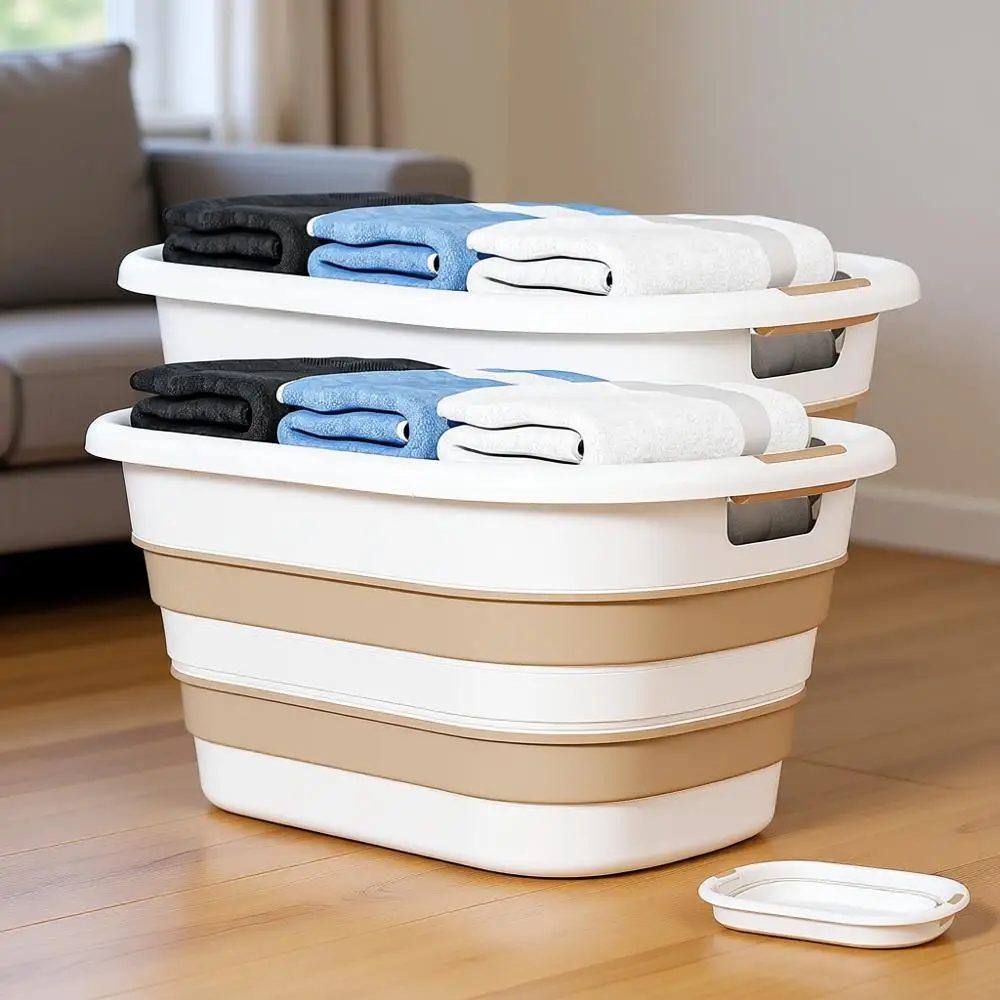 

Набор из 2 складных корзин для белья объемом 43 л - вместительные, прочные, компактные пластиковые контейнеры для хранения (бежевый цвет)