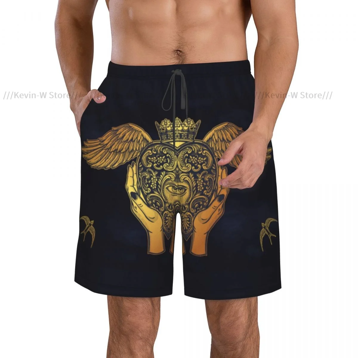 Summer Men's Swimwear Shorts Hands Holding Heart With Mystic Eye And Wings Beachwear Swim Trunks Men Swimsuit