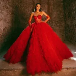 Luxury Wedding Party Dresses Off Shoulder Red Ball Gown Formal Dress with Sleeves Split Layered Long Tulle Prom Gowns Puffy