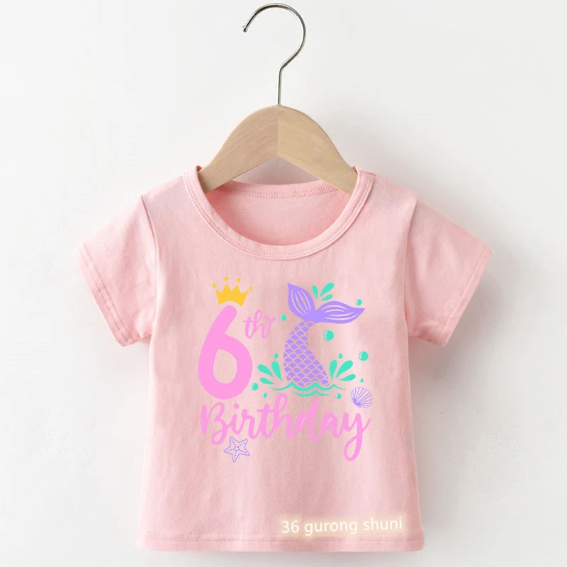 Newly Girls T-Shirt Cute Mermaid Birthday Number Print 6 7 8 Yeas Old Kids Birthday Gift Clothes Tshirt Cute Girls Birthday Tees