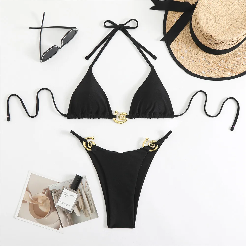 Dark Brown String Halter Micro Thong Bikinis Sets Sexy Swimsuit Women 2026 Metal Ring Holiday Swimwear Beach Wear Bikini Mujer
