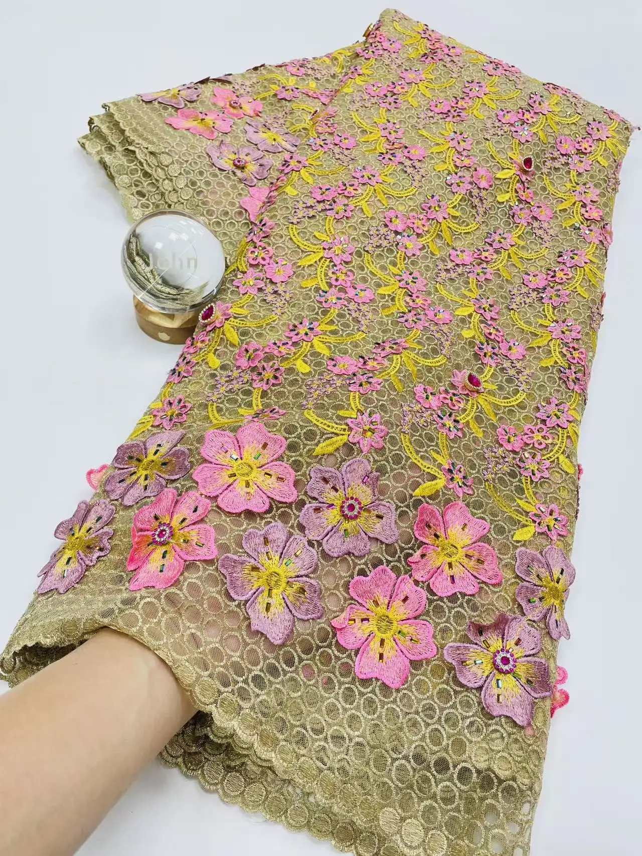 3D African France Big Gem Stones Guipure Cord Lace Fabric 2026 Nigerian Water Soluble Lace Fabric High Quality Nigerian  Hm233-1