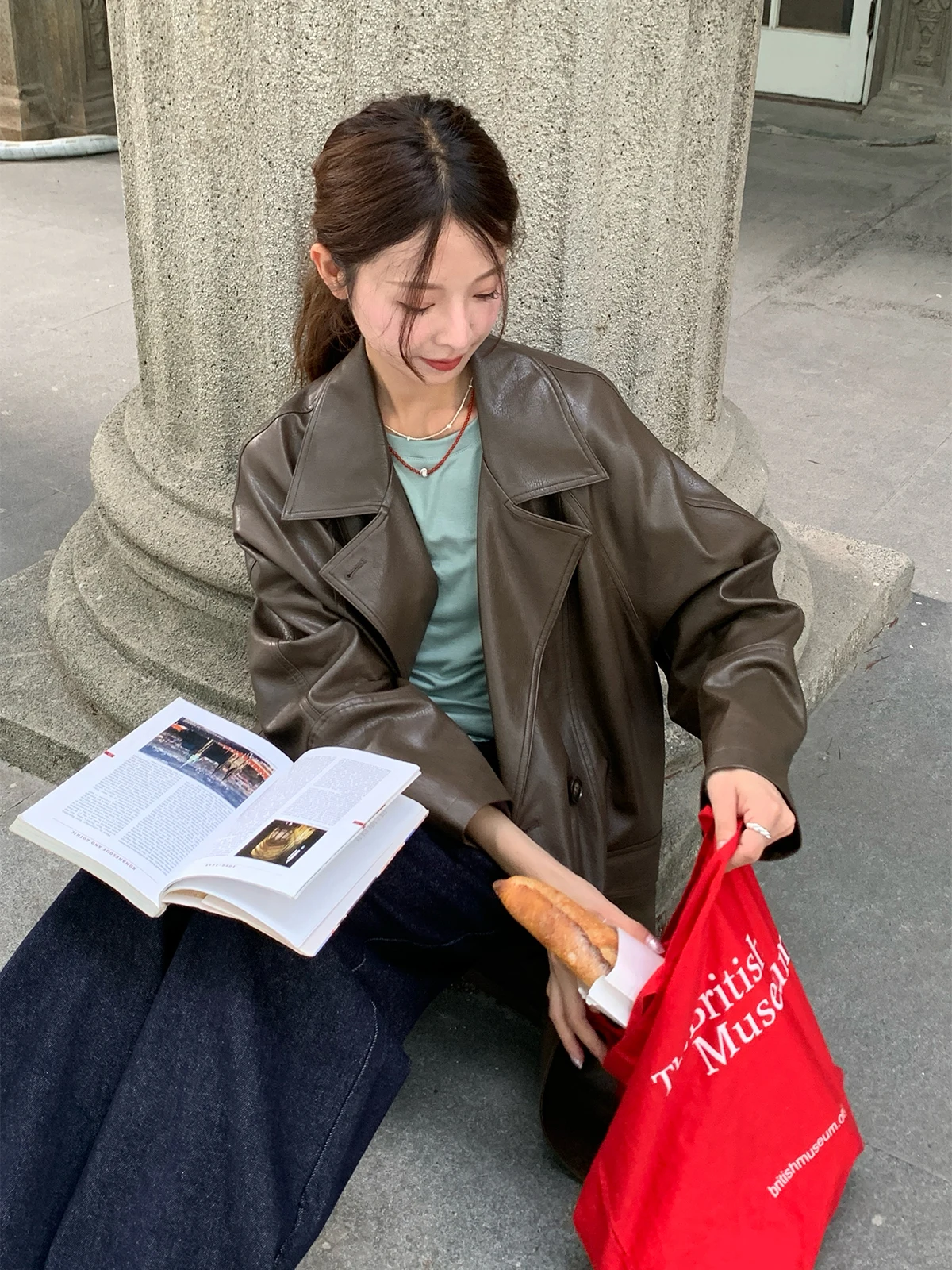 Rodeo clássico duplo breasted longo jaet retro solto terno feminino colarinho casaco de couro primavera outono versátil outerwear