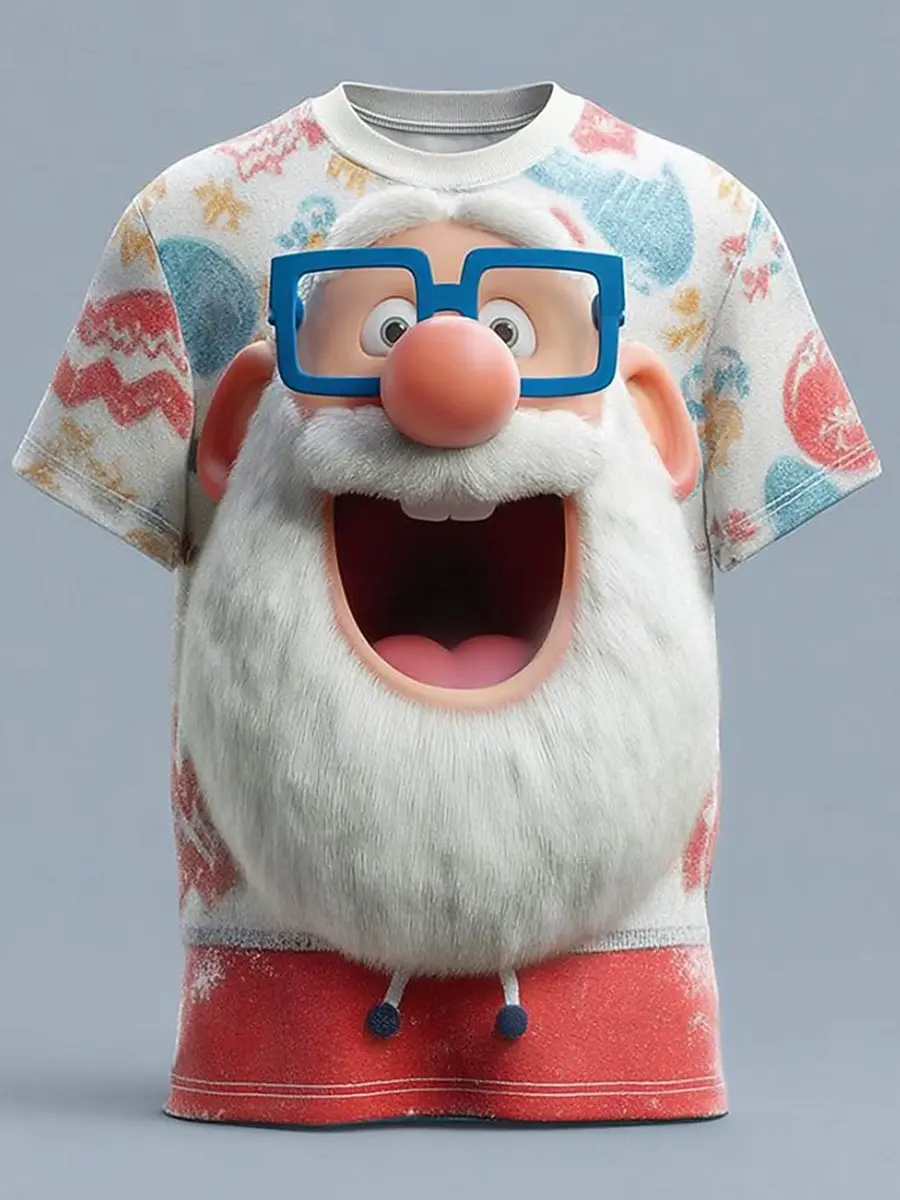 Christmas Theme Men's Short Sleeve Funny Santa Claus Pattern T-shirt 3D Print Tee Party Tops Autumn Winter Indoor Casual T Shirt