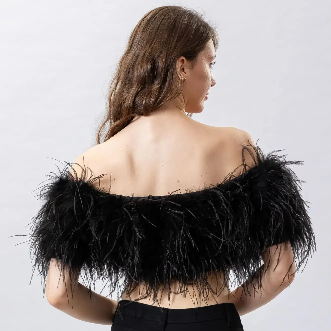 Real natural Ostrich Feather Mini Crop Top Straight Neck Tube Top Luxurious for Bride Wedding super-short tank tops