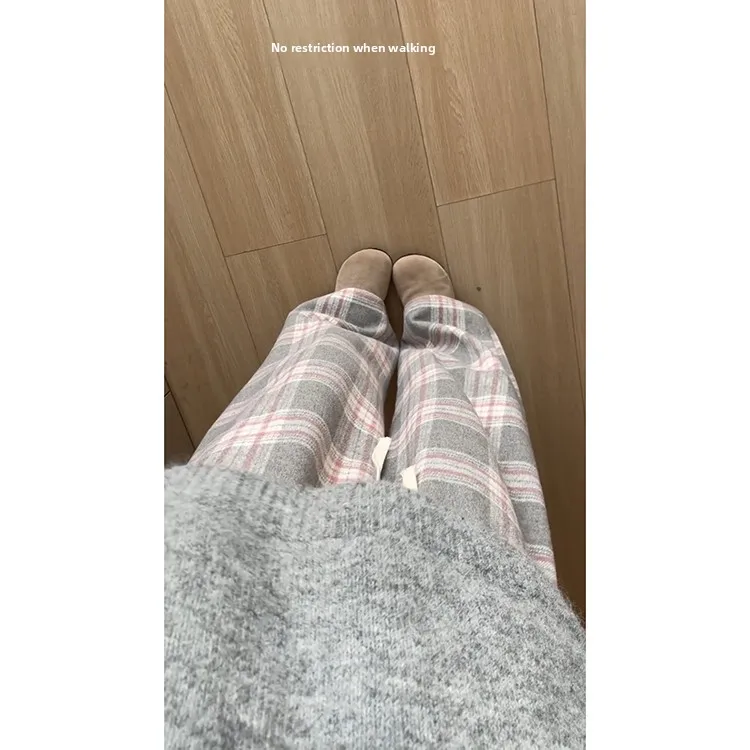 핑크색 레이지 울 체크 팬츠 여성용 가을 겨울 신상 하이웨이스트 드레이프 루즈 캐주얼 와이드 레그 팬츠 스트레이트 컷 엘라스틱...