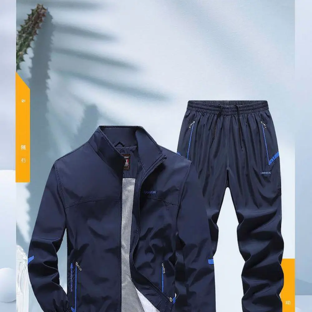 Male Casual Sportswear Set Spring Autumn Stand Collar Zip Up Jacket And Trousers Comfortable Fitness Running Workout Suit