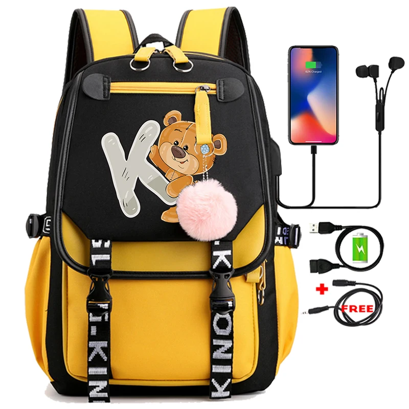 Cute Little Bear 26 English Letters Student School Bag Backpack Outdoor Teenage Girl Cartoon Bookbag Laptop Travel Rucksack