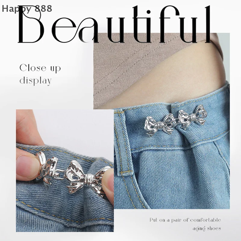 مشبك خصر بعقدة على شكل فيونكة قابلة للتعديل - مشبك جينز قابل للفصل مع مشبك زر، لشد حزام الخصر بدون خياطة #3