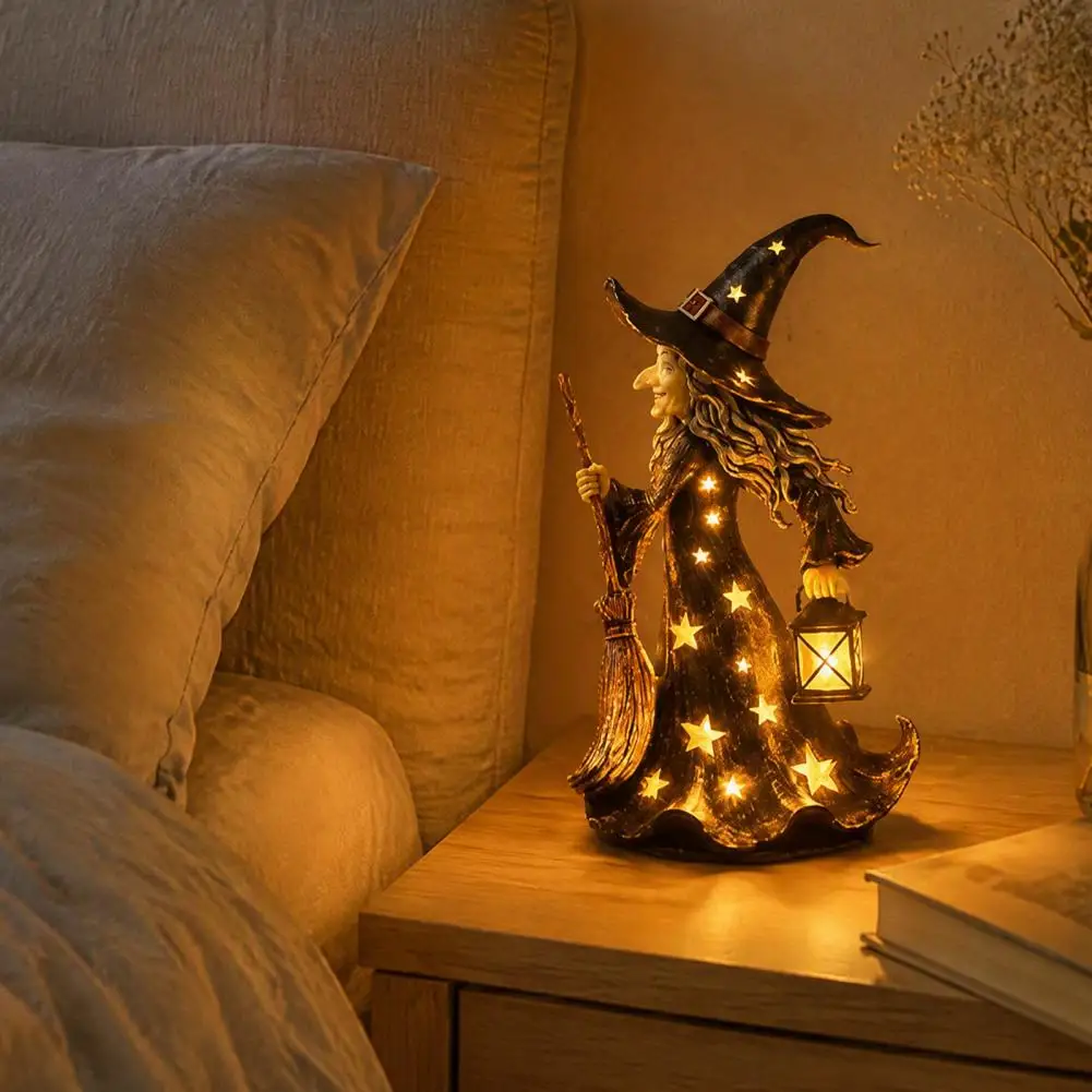 Indoor Party Display Statue Halloween Witch Figurine with Star Light Resin Tabletop Nightlight Lantern Spooky Hat Broom Statue