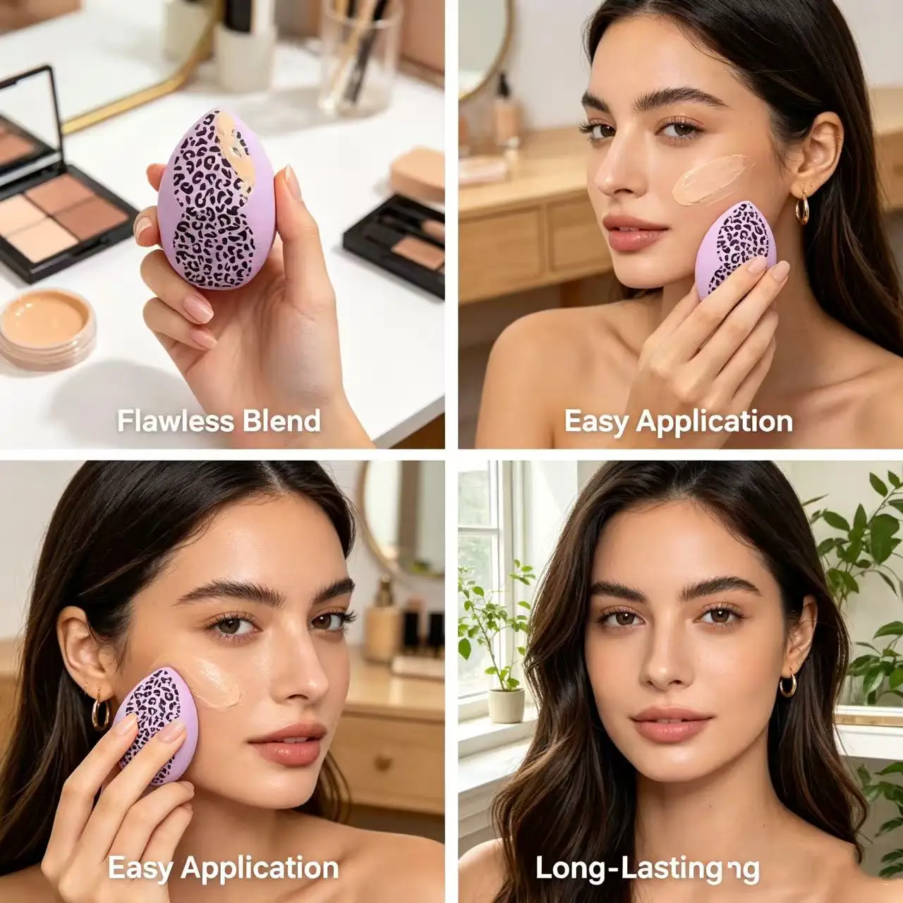 Leopard-print drop-shaped beauty sponge, high-density, soft makeup brush, expands when wet.