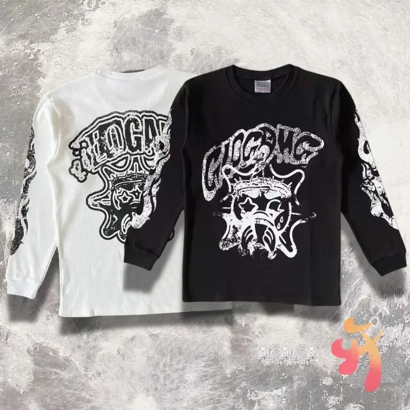 Washed Graffiti Cartoon Print Glo Gang The Glory Sweatshirts American High Street Waffle Cotton Long Sleeve Tshirt Men Women