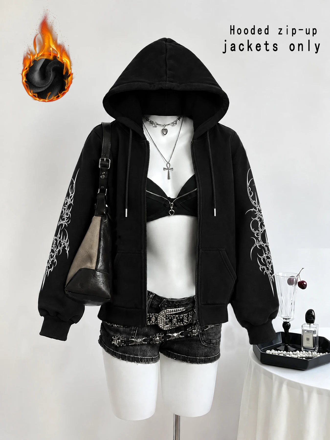 Winter Y2k Gothic print thick heavy velvet black hooded zipper jacket slim temperament women's jacket casual lazy commuter style
