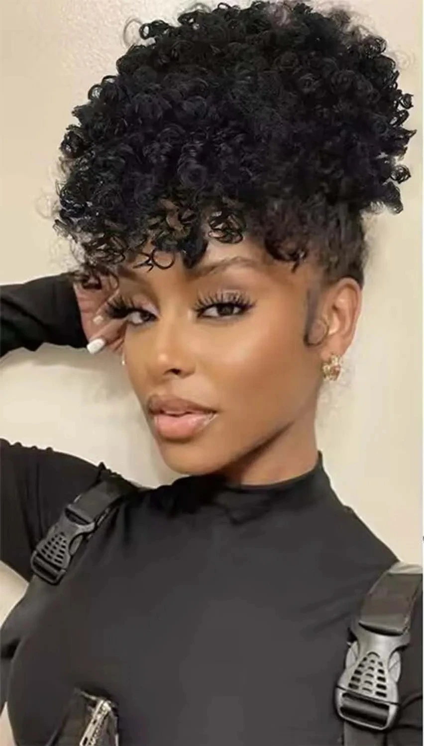 

Synthetic Afro Puff Kinky Curly Hair Updo Ponytail Extension with Bangs Drawstring Ponytail for Black Women, Afro Hair Ponytail