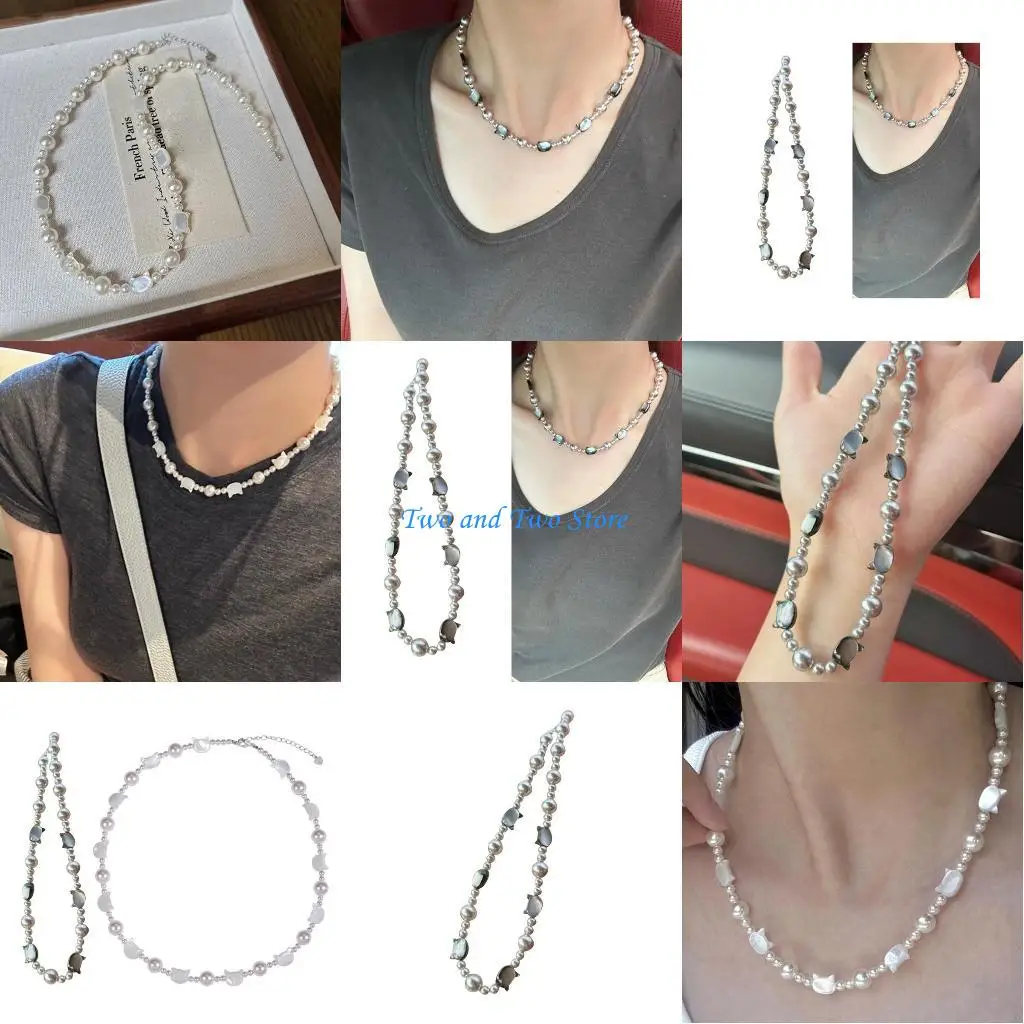 

HX6F Stylish Charm Necklace Imitation Pearls Neckchain Adjsuatble Length Neckwear